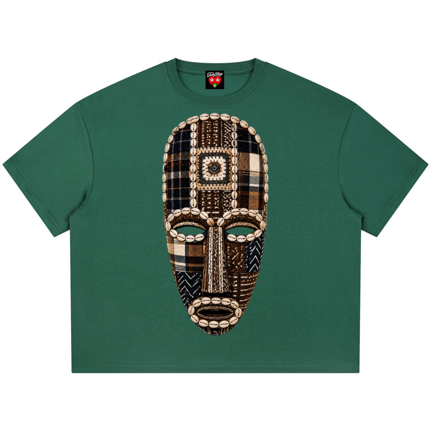 A dark green short-sleeve t-shirt featuring a large, detailed graphic of an African tribal mask on the front. The mask is composed of various patterned fabrics, primarily plaid in brown, beige, and black, with white bead-like accents.