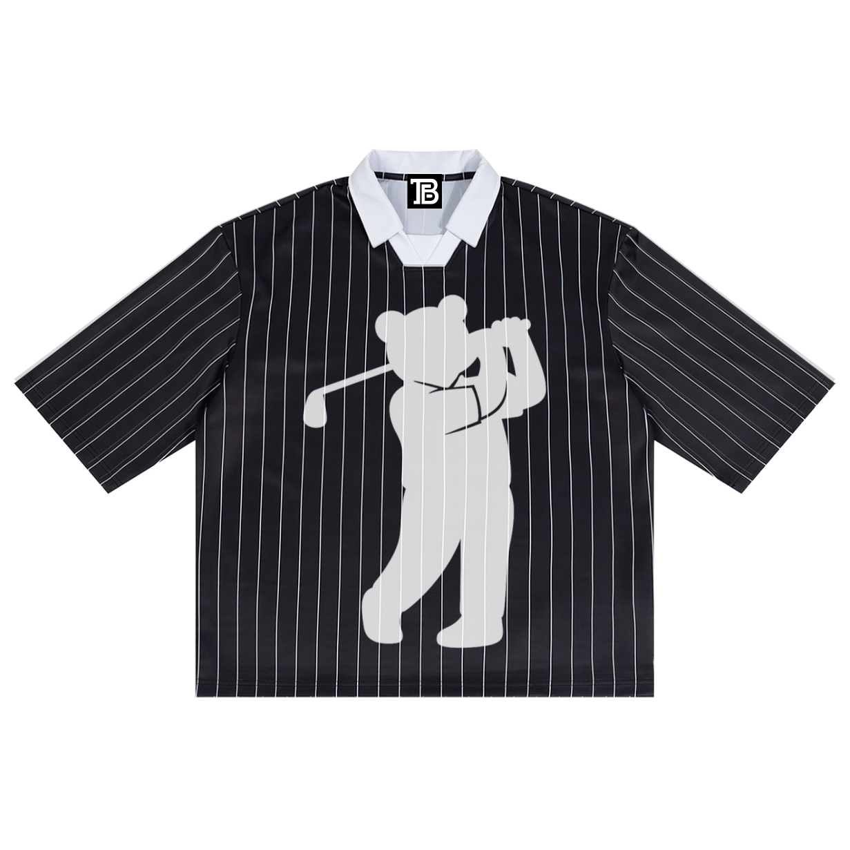 Black pinstripe shirt with white graphic of a bear holding a golf club on a white background