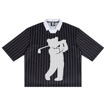 Black pinstripe shirt with white graphic of a bear holding a golf club on a white background