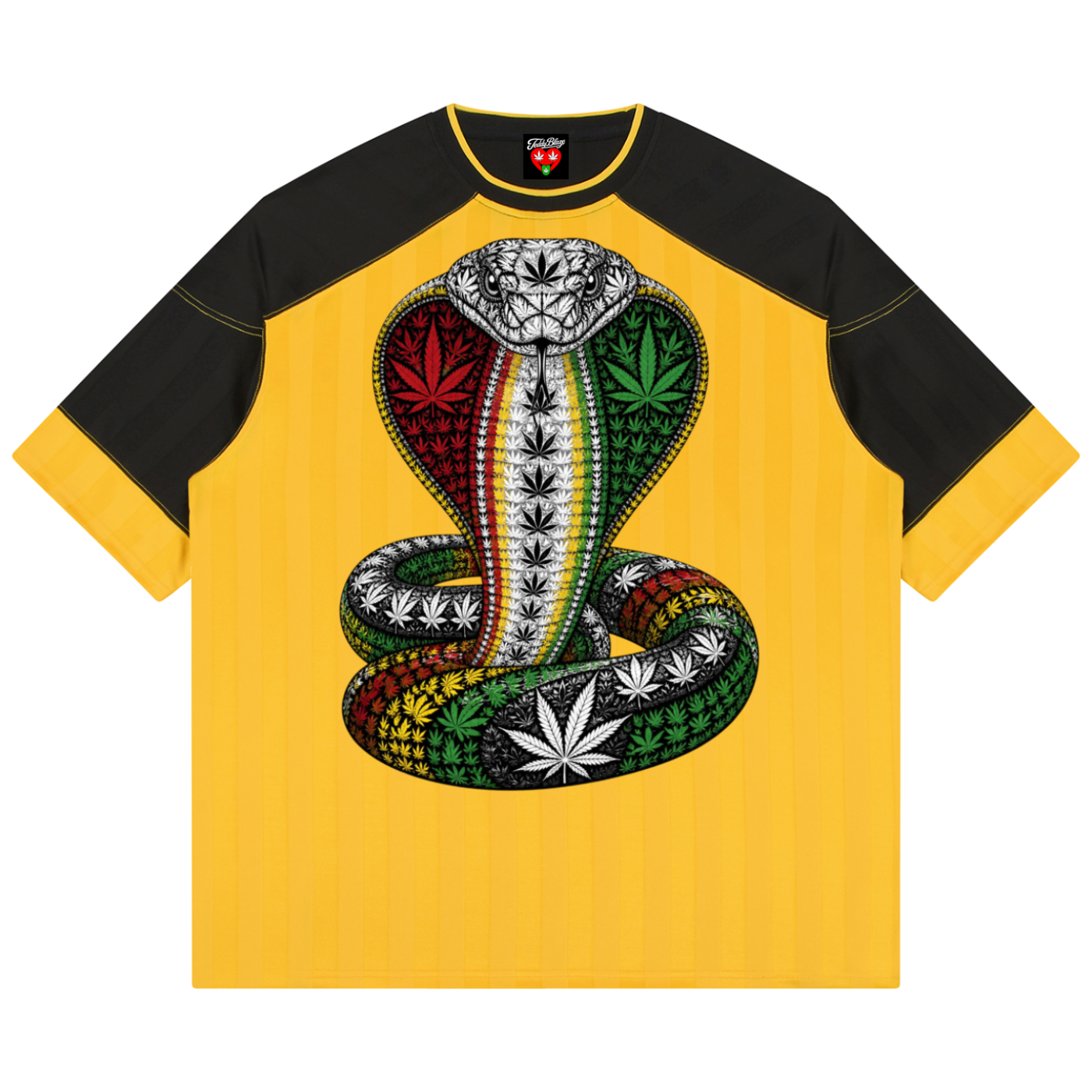 A yellow and black raglan t-shirt featuring a large graphic of a Rastafarian cobra snake with cannabis leaves on its scales, set against a plain white background.