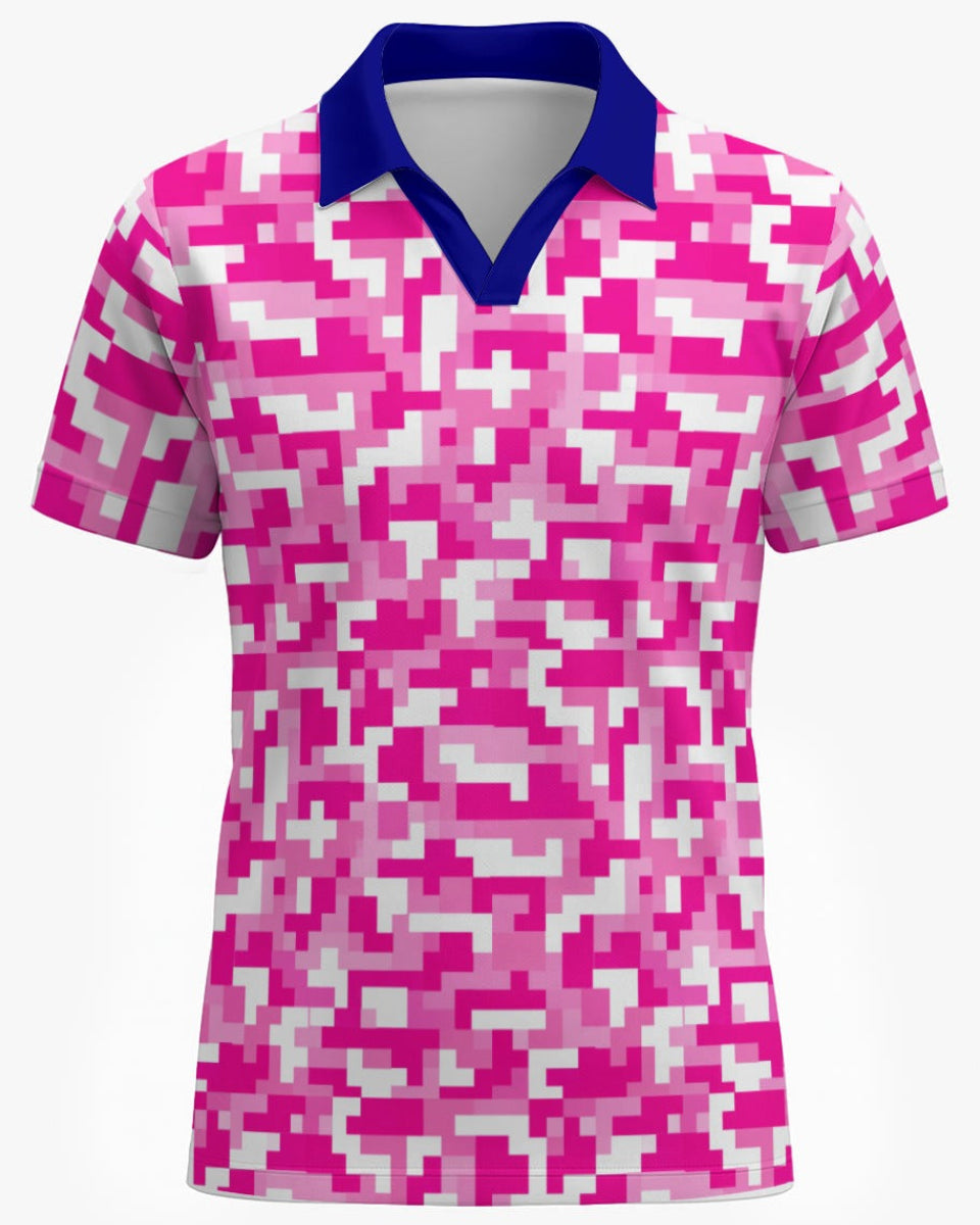 Shop the Iron + Ivy Digital Camo Mesh Open Polo by Teddy Blaze. Breast Cancer Awareness edition breathable mesh polo featuring magenta digital camo and a contrast royal blue open collar.