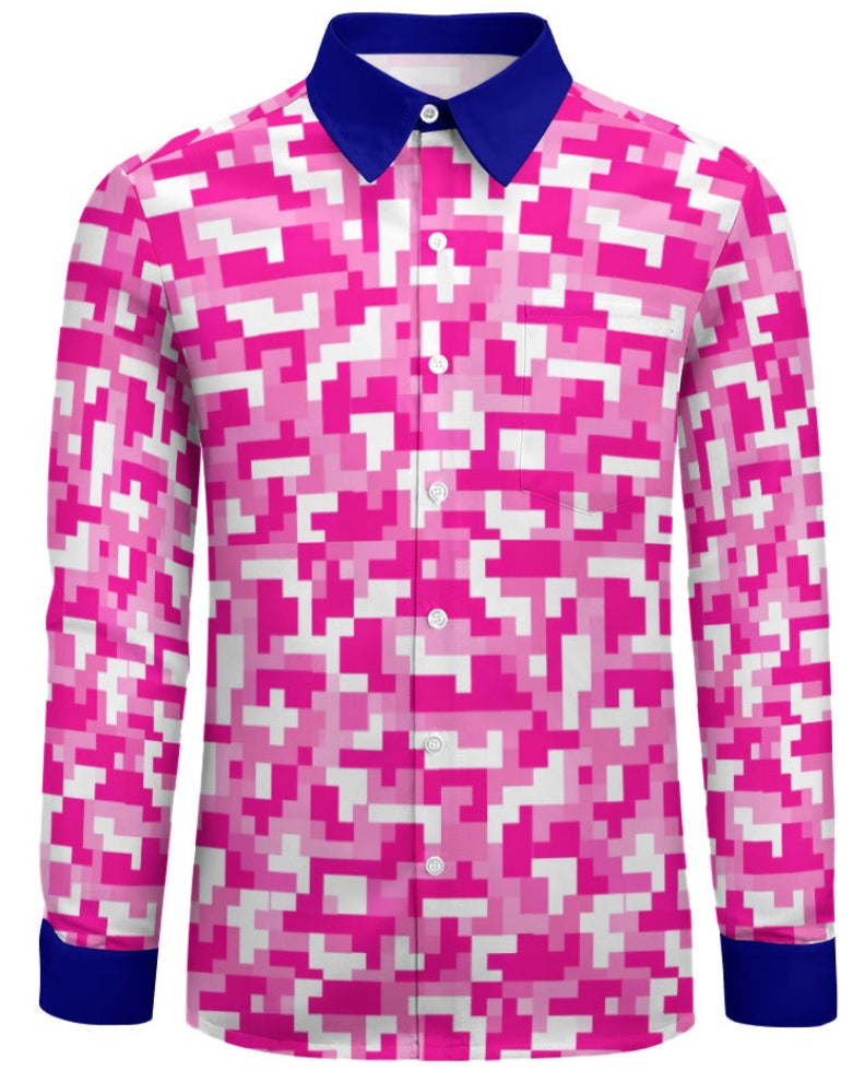 Shop the Iron + Ivy Digital Camo Peach Velvet Shirt by Teddy Blaze. Breast Cancer Awareness edition long sleeve button-down in soft peach velvet featuring magenta digital pixel camo and royal blue trim.
