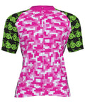 Shop the Iron + Ivy Digital Pixel & Bike Line-Art Performance Cycling Jersey by Teddy Blaze. Breast Cancer Awareness edition short-sleeve technical cycling jersey in bold magenta digital camo and neon bike graphics.