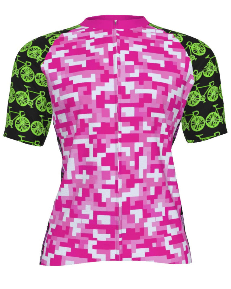 Shop the Iron + Ivy Digital Pixel & Bike Line-Art Performance Cycling Jersey by Teddy Blaze. Breast Cancer Awareness edition short-sleeve technical cycling jersey in bold magenta digital camo and neon bike graphics.