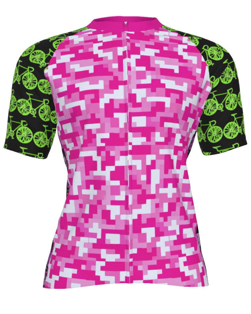 Shop the Iron + Ivy Digital Pixel & Bike Line-Art Performance Cycling Jersey by Teddy Blaze. Breast Cancer Awareness edition short-sleeve technical cycling jersey in bold magenta digital camo and neon bike graphics.