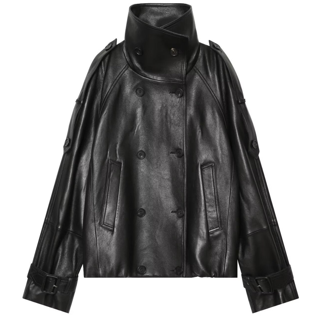 Shop the Iron + Ivy Double-Breasted Leatherette Funnel Jacket by Teddy Blaze. Women’s oversized black PU leather jacket featuring a high stand collar, raglan sleeves, and buckle cuff details.