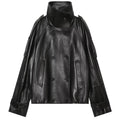 Shop the Iron + Ivy Double-Breasted Leatherette Funnel Jacket by Teddy Blaze. Women’s oversized black PU leather jacket featuring a high stand collar, raglan sleeves, and buckle cuff details.