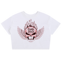 A white cropped short-sleeve t-shirt featuring a graphic print of a winged skull with flames and the text 'Teddy Blaze' on the front, displayed against a solid white background.