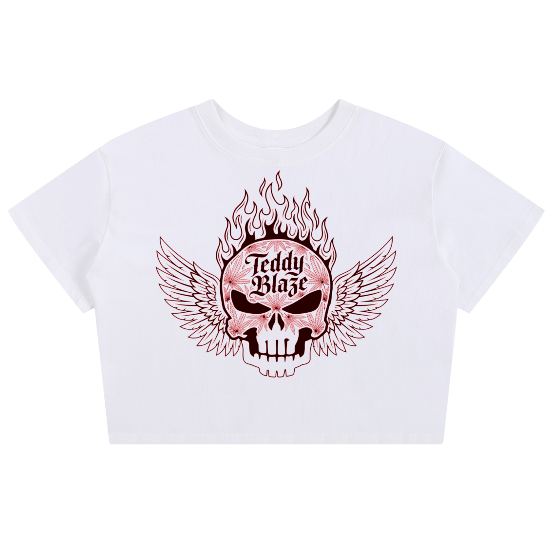 A white cropped short-sleeve t-shirt featuring a graphic print of a winged skull with flames and the text 'Teddy Blaze' on the front, displayed against a solid white background.