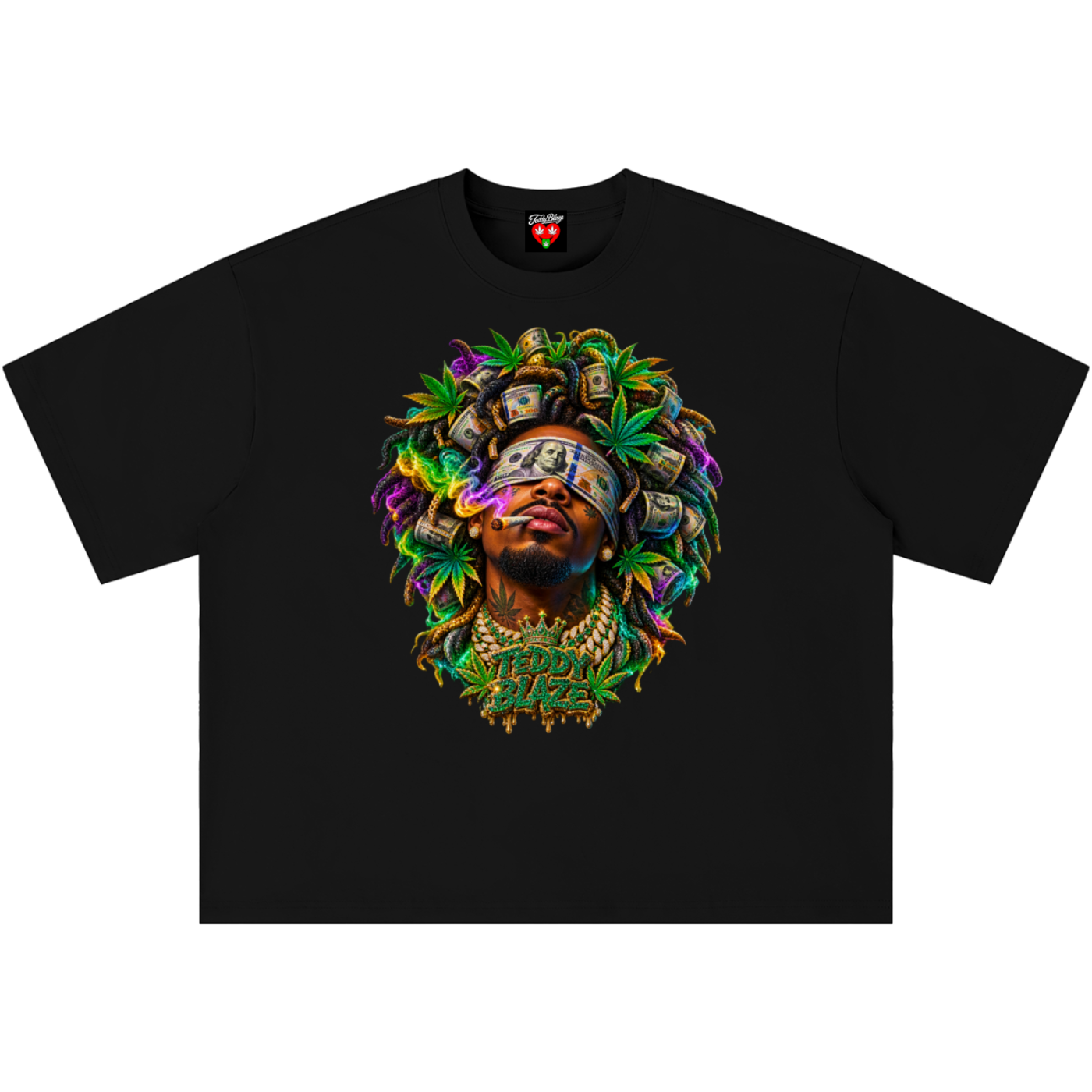 A black short-sleeve crewneck t-shirt featuring a vibrant, colorful graphic print on the front. The graphic depicts a stylized portrait of a person with a blindfold, surrounded by green marijuana leaves, gold coins, and stacks of dollar bills, with the text 'FUCK THE SYSTEM' written below.