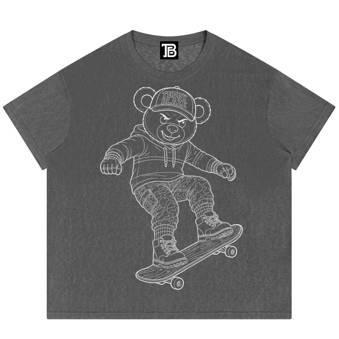 Gray t-shirt with a bear graphic on a white background