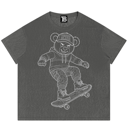Gray t-shirt with a bear graphic on a white background