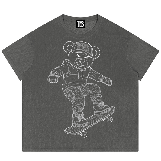 Gray t-shirt with a bear graphic on a white background