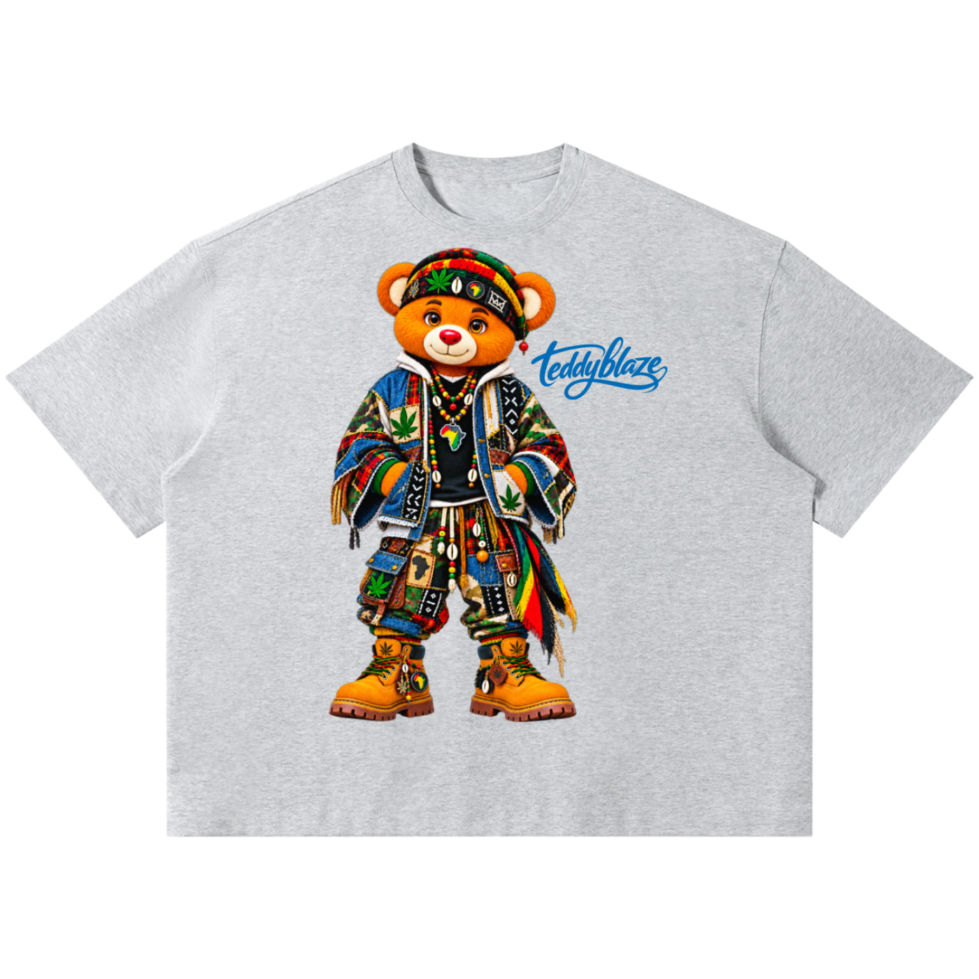 Shop the Teddy Blaze Boho Boxy Tee. 220 GSM cotton-poly oversized drop-shoulder t-shirt with boho bear graphic from TOPS BY TEDDY BLAZE.