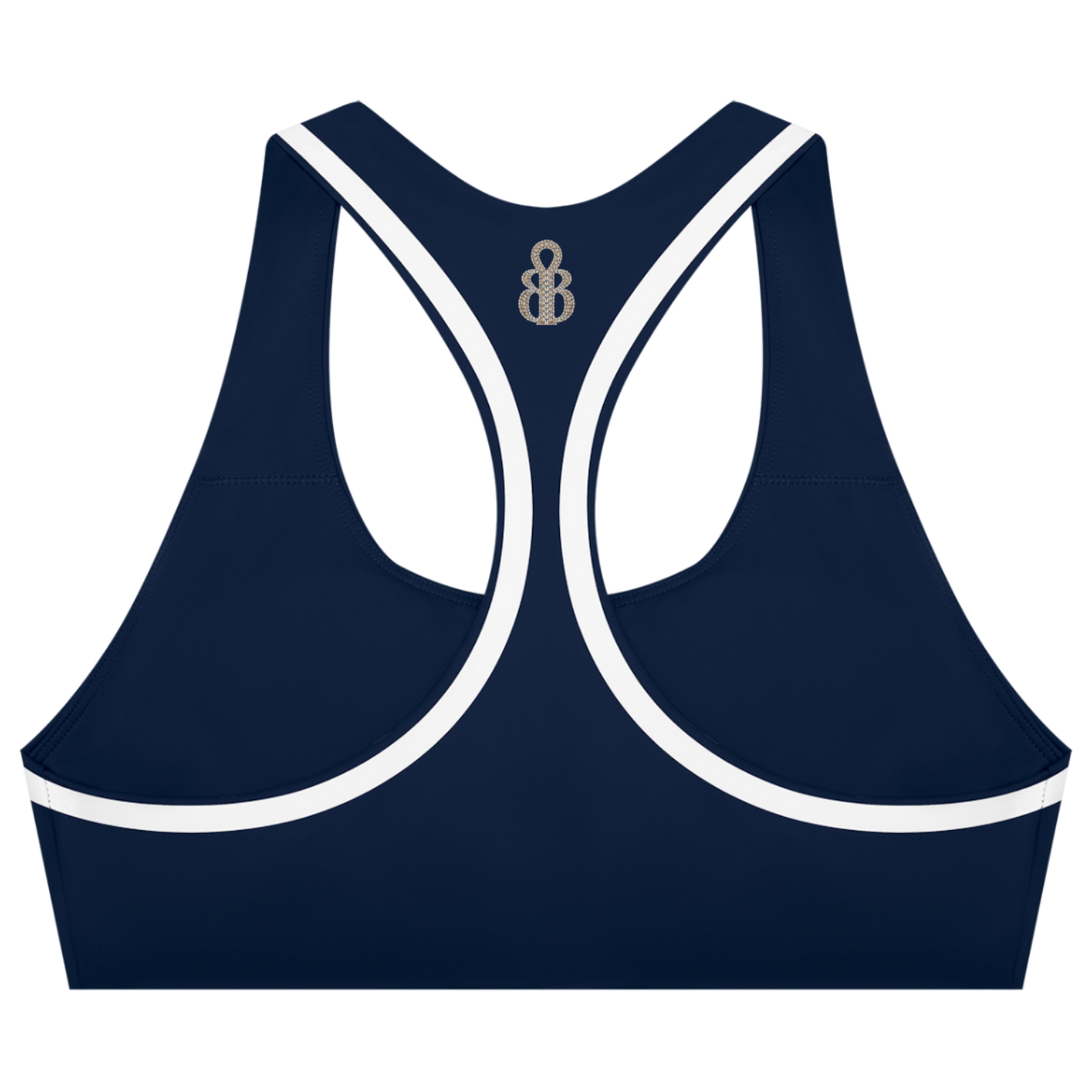 A navy blue sports bra with white contrast trim and a small metallic monogram logo at the center back of the neckline, shown on a plain white background.
