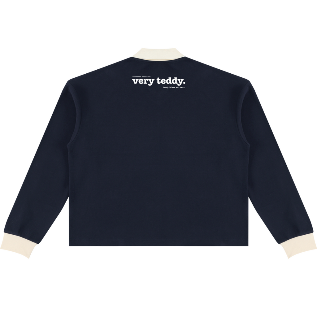 A heavyweight unisex rugby shirt featuring Bearatoo in Afrodemia style, with a navy body, cream contrast trim and relaxed collegiate silhouette.