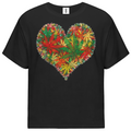 A black short-sleeve crewneck t-shirt featuring a large heart-shaped graphic on the chest made of colorful cannabis leaves in green, red, orange, and yellow, displayed on a solid white background.