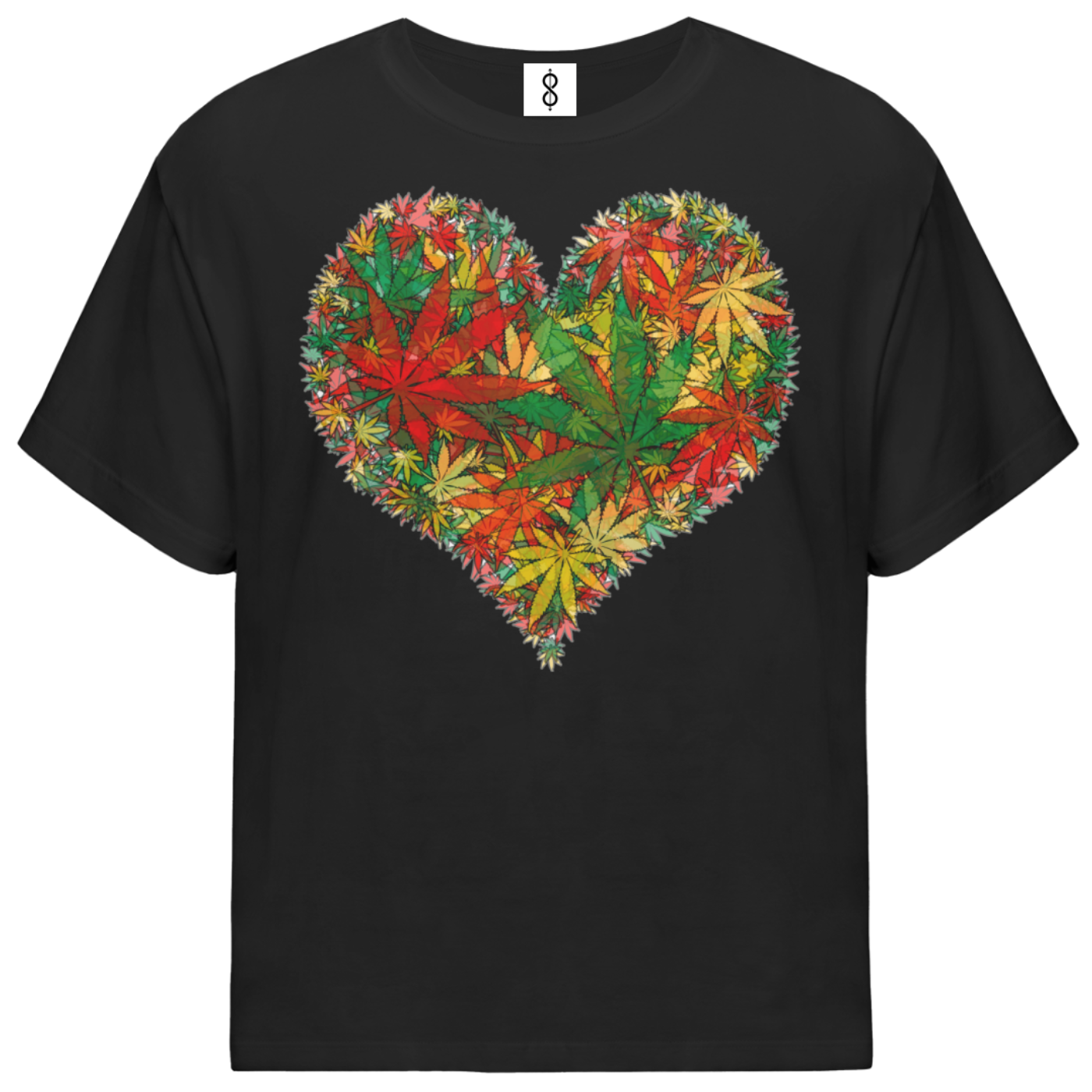 A black short-sleeve crewneck t-shirt featuring a large heart-shaped graphic on the chest made of colorful cannabis leaves in green, red, orange, and yellow, displayed on a solid white background.