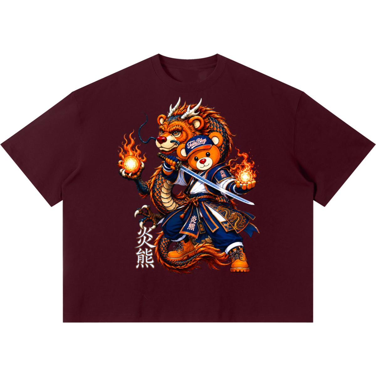 Shop the Team Dragon Boxy Tee by Teddy Blaze. 220 GSM cotton-poly oversized drop-shoulder t-shirt with samurai dragon graphic from TOPS BY TEDDY BLAZE.