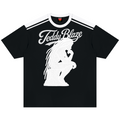 A black short-sleeve ringer t-shirt with white shoulder stripes, featuring a large white graphic of a crouching figure and the text 'Teddy Blaze' across the chest.