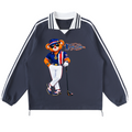 A navy blue long-sleeve track jacket with white stripes on the shoulders and sleeves, featuring a cartoon bear golf player graphic on the front.