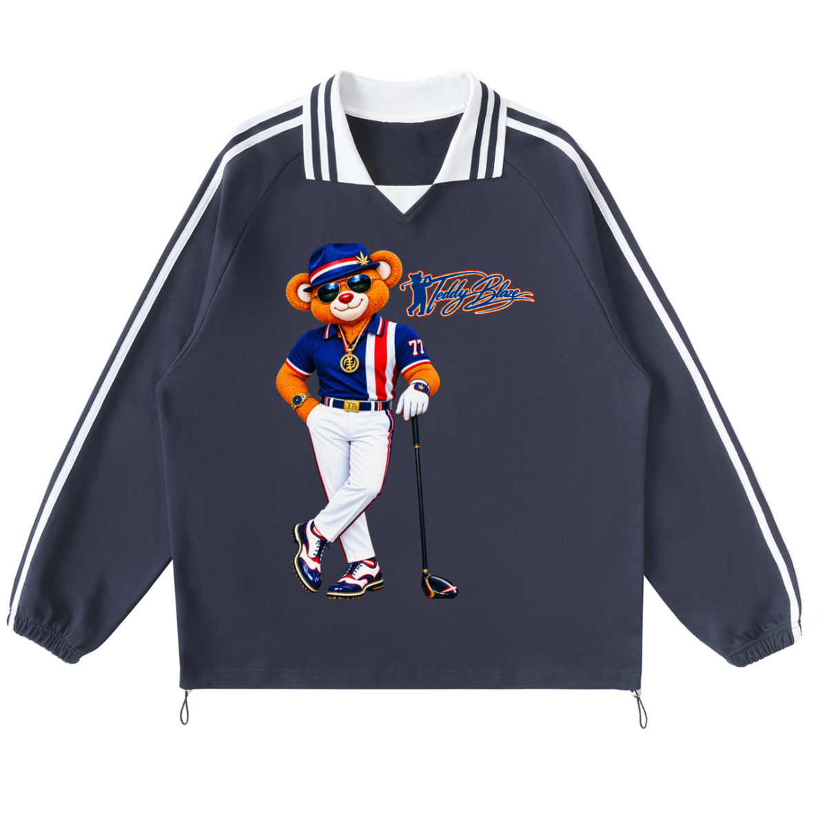A navy blue long-sleeve track jacket with white stripes on the shoulders and sleeves, featuring a cartoon bear golf player graphic on the front.