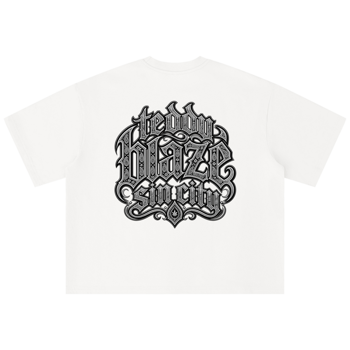 Elevate your streetwear with the Teddy Blaze Sin City Sacred Box Cut T-Shirt. Black stretch-cotton, tattoo praying hands print, and boxy cut. Shop NYC to Vegas style.