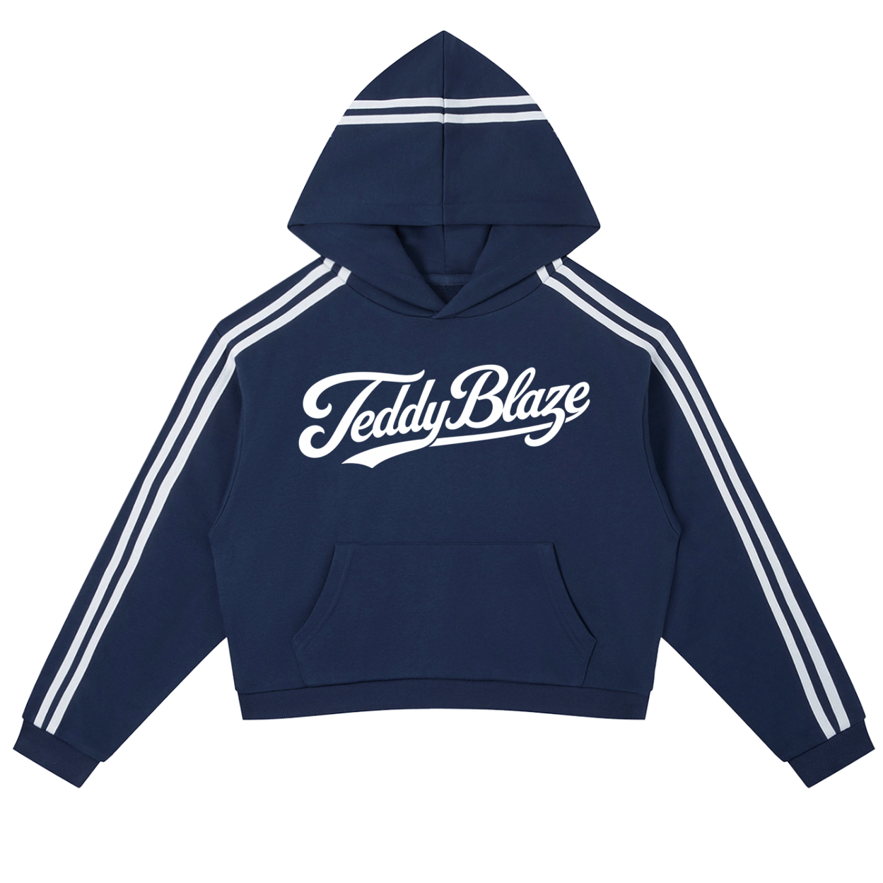 A women’s cropped hooded jumper with side stripe sleeves, white Signature front graphic, soft cotton-blend fleece, and BK streetwear energy.