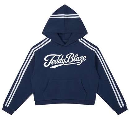 A women’s cropped hooded jumper with side stripe sleeves, white Signature front graphic, soft cotton-blend fleece, and BK streetwear energy.