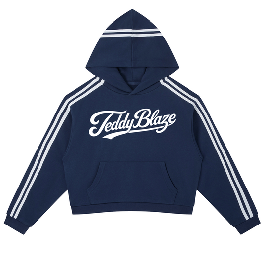 A women’s cropped hooded jumper with side stripe sleeves, white Signature front graphic, soft cotton-blend fleece, and BK streetwear energy.