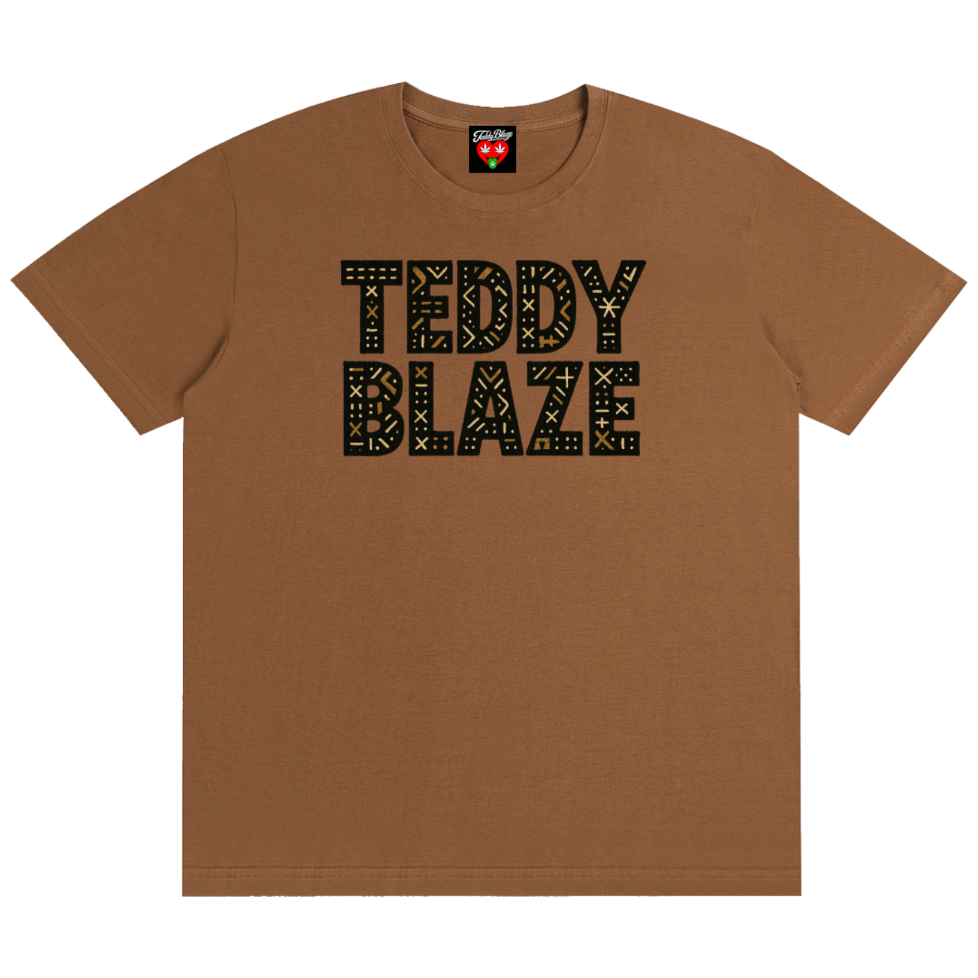 A brown short-sleeve crewneck t-shirt with 'TEDDY BLAZE' printed in black block letters across the chest, displayed flat against a solid white background.