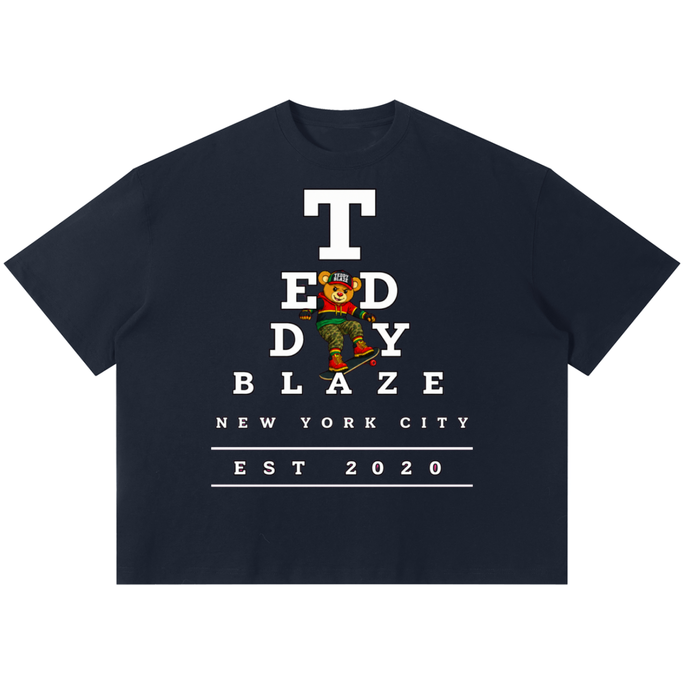 Shop the Boxy Eyechart Tee by Teddy Blaze. 220 GSM cotton-poly oversized drop-shoulder t-shirt with Snellen eye chart graphic from TOPS BY TEDDY BLAZE.