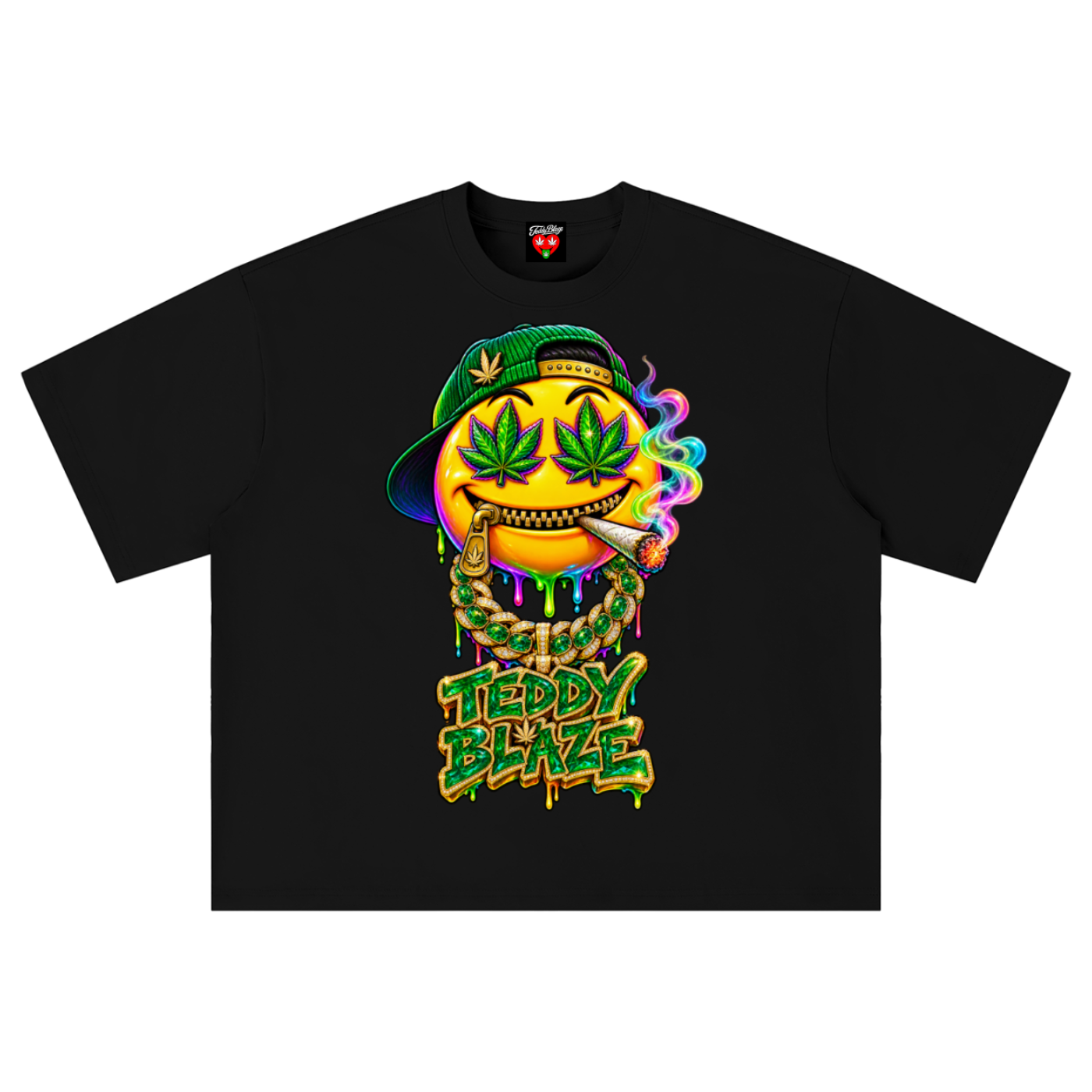 A black short-sleeve t-shirt with a colorful graphic of a smiling yellow face wearing a green cap and chain, smoking a joint, with the text 'TEDDY BLAZE' below it, displayed on a solid white background.
