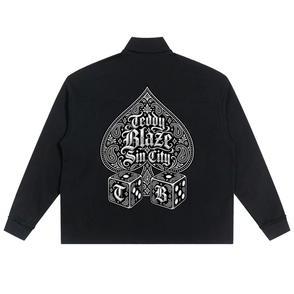 Elevate your athletic layering with the House of Teddy Blaze High Roller Fleece Quarter Zip. Black 450 gsm fleece, stand collar, quarter zipper, Ace of Spades graphic, and Sin City dice print. Shop NYC to Vegas style.