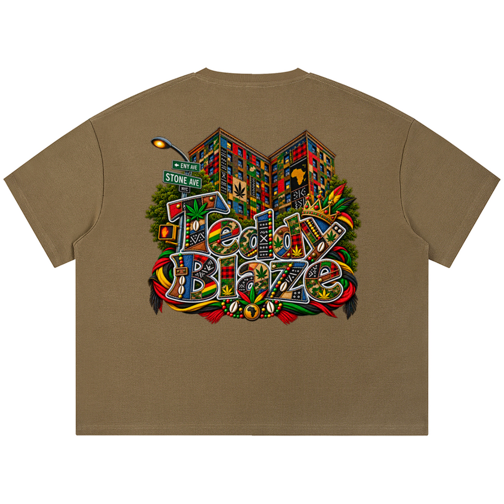 Shop the Teddy Blaze Boho ENY Waffle Knit Boxy Tee, a heavyweight unisex textured tee featuring Teddy Blaze Boho and Brooklyn-inspired artwork.