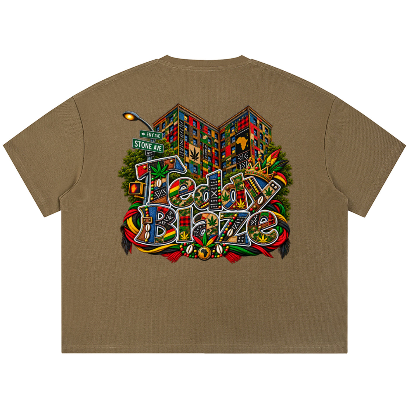 Shop the Teddy Blaze Boho ENY Waffle Knit Boxy Tee, a heavyweight unisex textured tee featuring Teddy Blaze Boho and Brooklyn-inspired artwork.