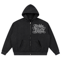 Black hoodie with a small graphic on the chest against a white background