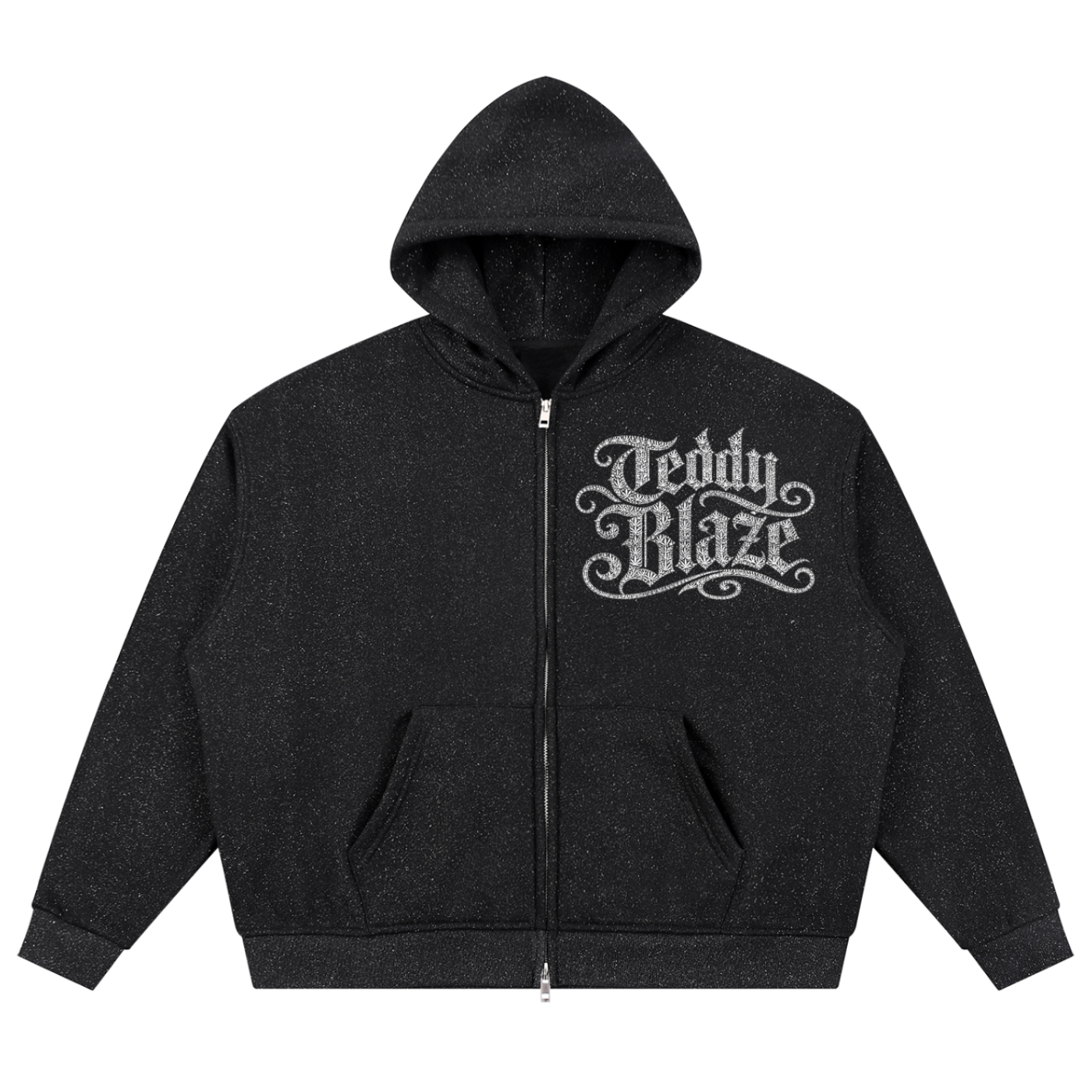 Black hoodie with a small graphic on the chest against a white background