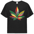 A black short-sleeve crewneck t-shirt featuring a large, colorful cannabis leaf graphic on the chest. The leaf is filled with a pattern of green, yellow, and red sections with black dotted and striped details.