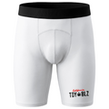 White protective cycling shorts with a black waistband and a black and red 'California TOY BLZ' logo on the left leg, shown against a plain white background.