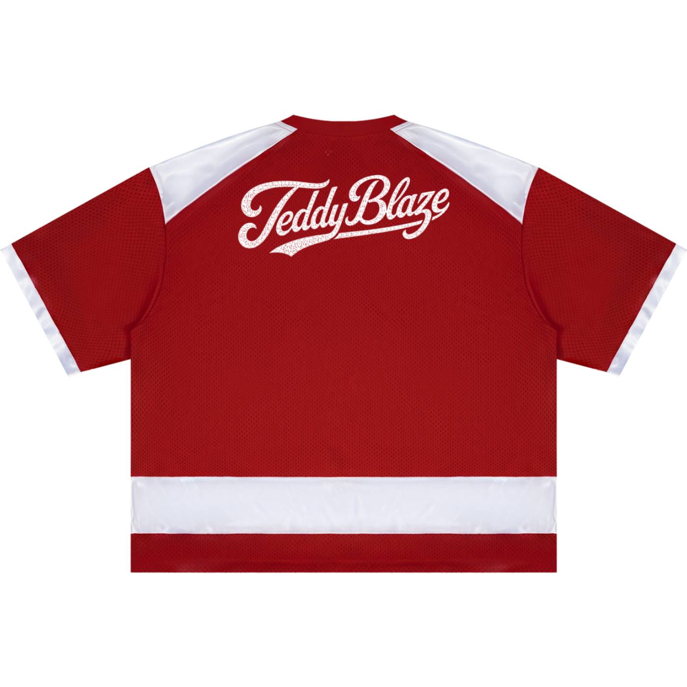A red short-sleeve hockey-style jersey shown from the back, featuring white shoulder panels, a white horizontal stripe near the hem, and a white 'Teddy Blaze' script logo across the upper back.