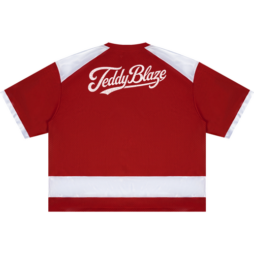 A red short-sleeve hockey-style jersey shown from the back, featuring white shoulder panels, a white horizontal stripe near the hem, and a white 'Teddy Blaze' script logo across the upper back.