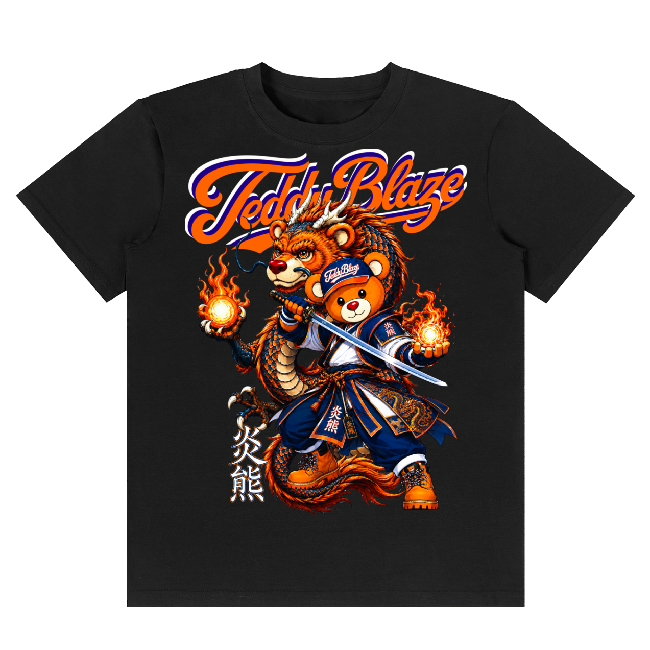 A black short-sleeve crewneck t-shirt featuring a detailed graphic print of a bear character in samurai armor with flames, under the text 'Teeth Blaze'.