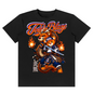 A black short-sleeve crewneck t-shirt featuring a detailed graphic print of a bear character in samurai armor with flames, under the text 'Teeth Blaze'.