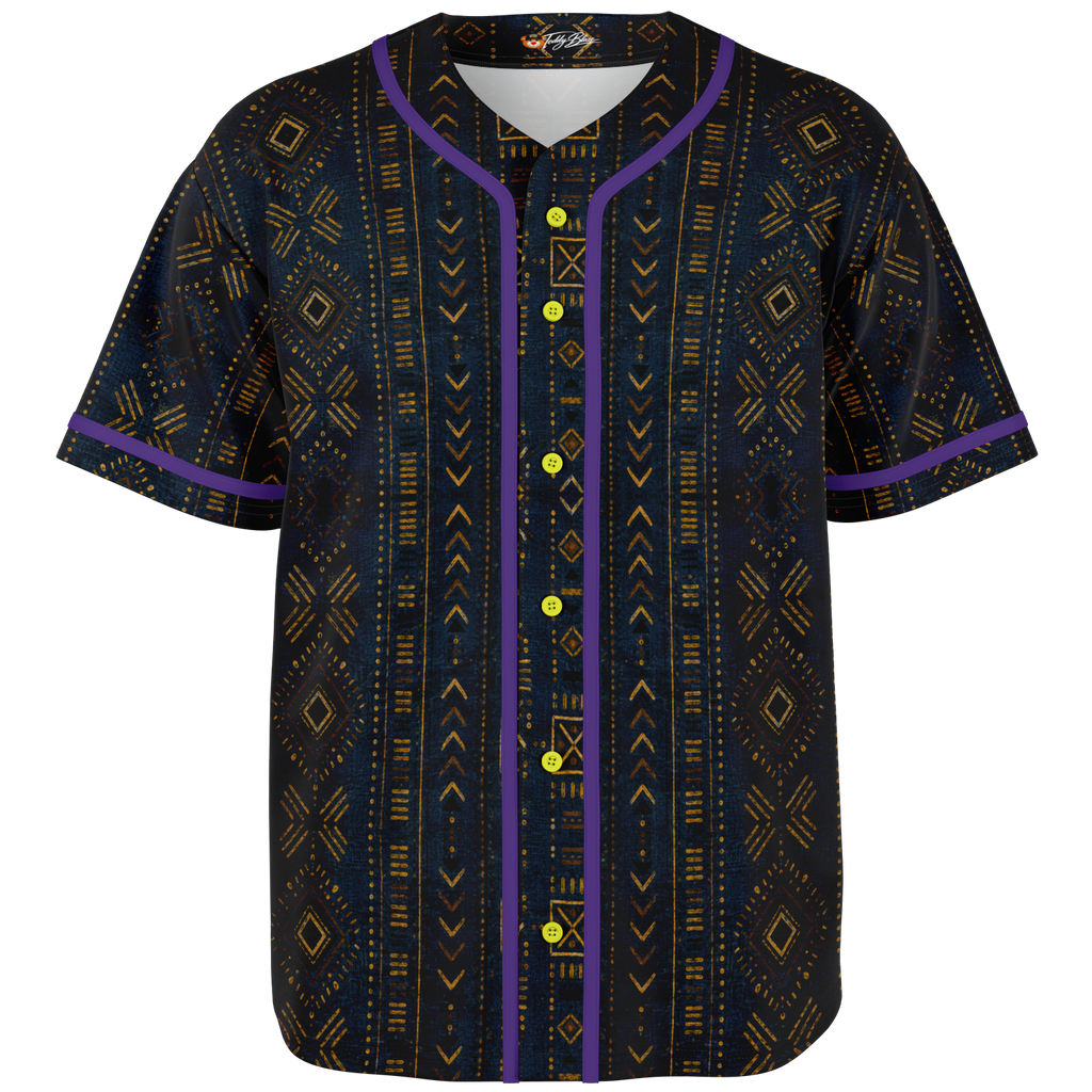 Discover the Teddy Blaze Mud of Indigo Baseball Jersey, featuring an indigo mudcloth-inspired print, contrast piping and breathable moisture-wicking jersey knit.