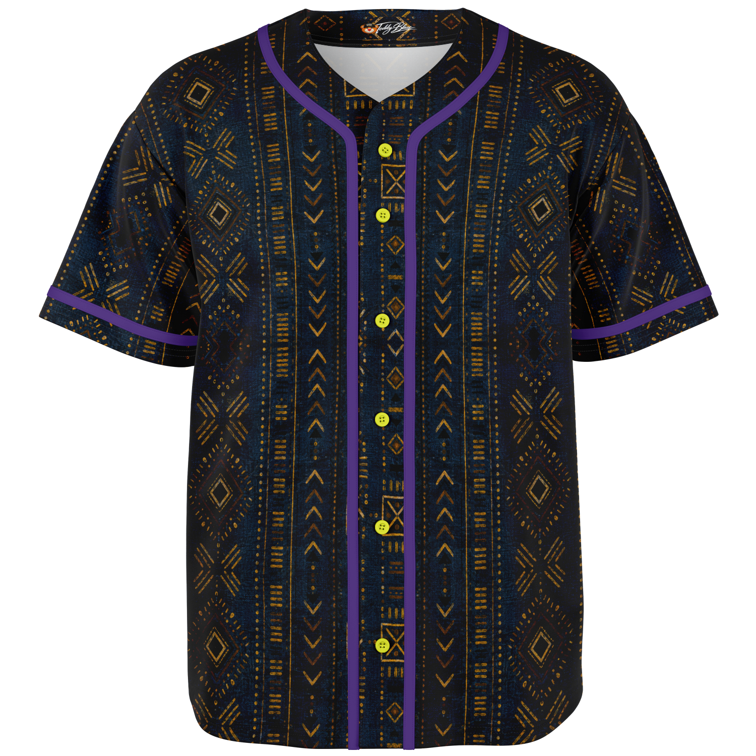 Discover the Teddy Blaze Mud of Indigo Baseball Jersey, featuring an indigo mudcloth-inspired print, contrast piping and breathable moisture-wicking jersey knit.