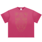 Pink t-shirt with 'First Love' text on a white background