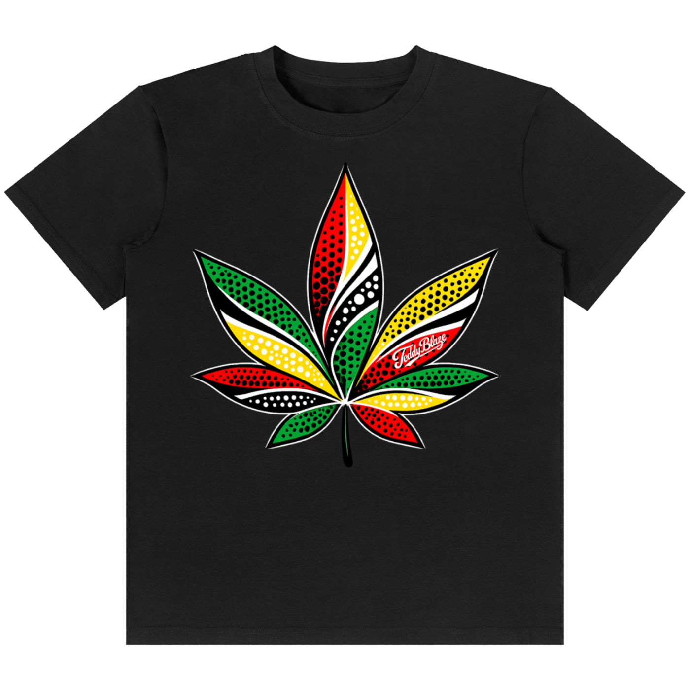 A black short-sleeve crewneck t-shirt featuring a large cannabis leaf graphic on the chest. The leaf is filled with a Rastafarian-style pattern of red, yellow, green, and black stripes with white dotted accents.