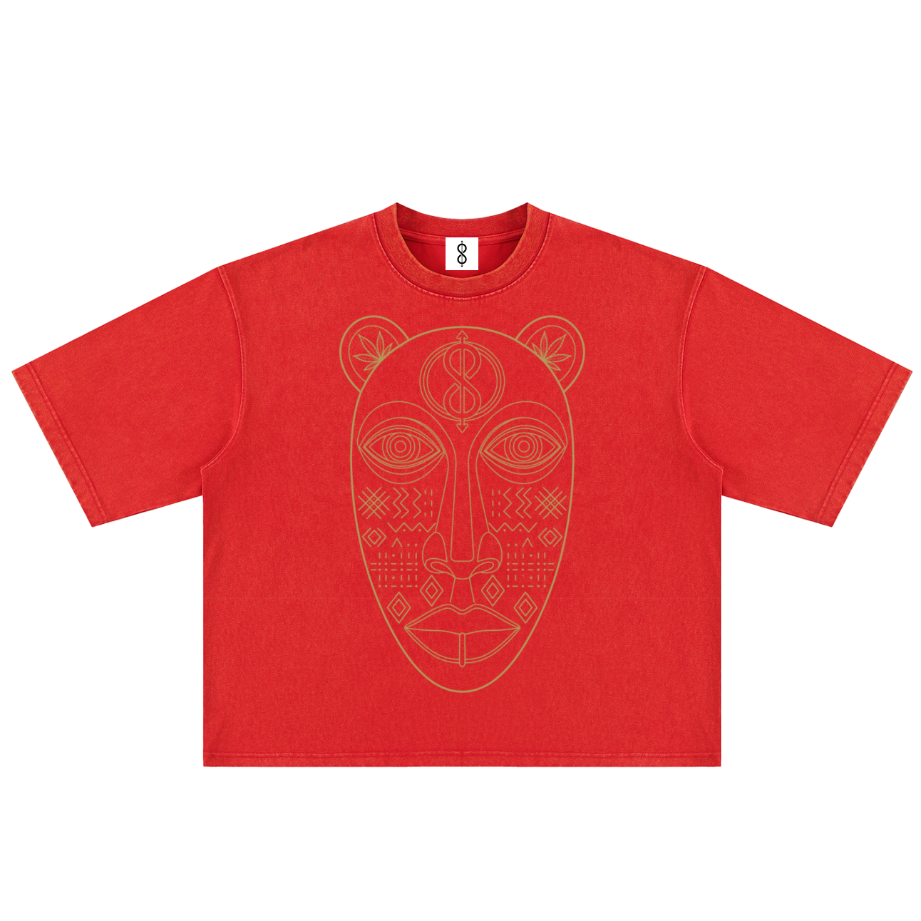 A red short-sleeve t-shirt with a large tan line-art graphic of a stylized face on the front, displayed flat against a white background.