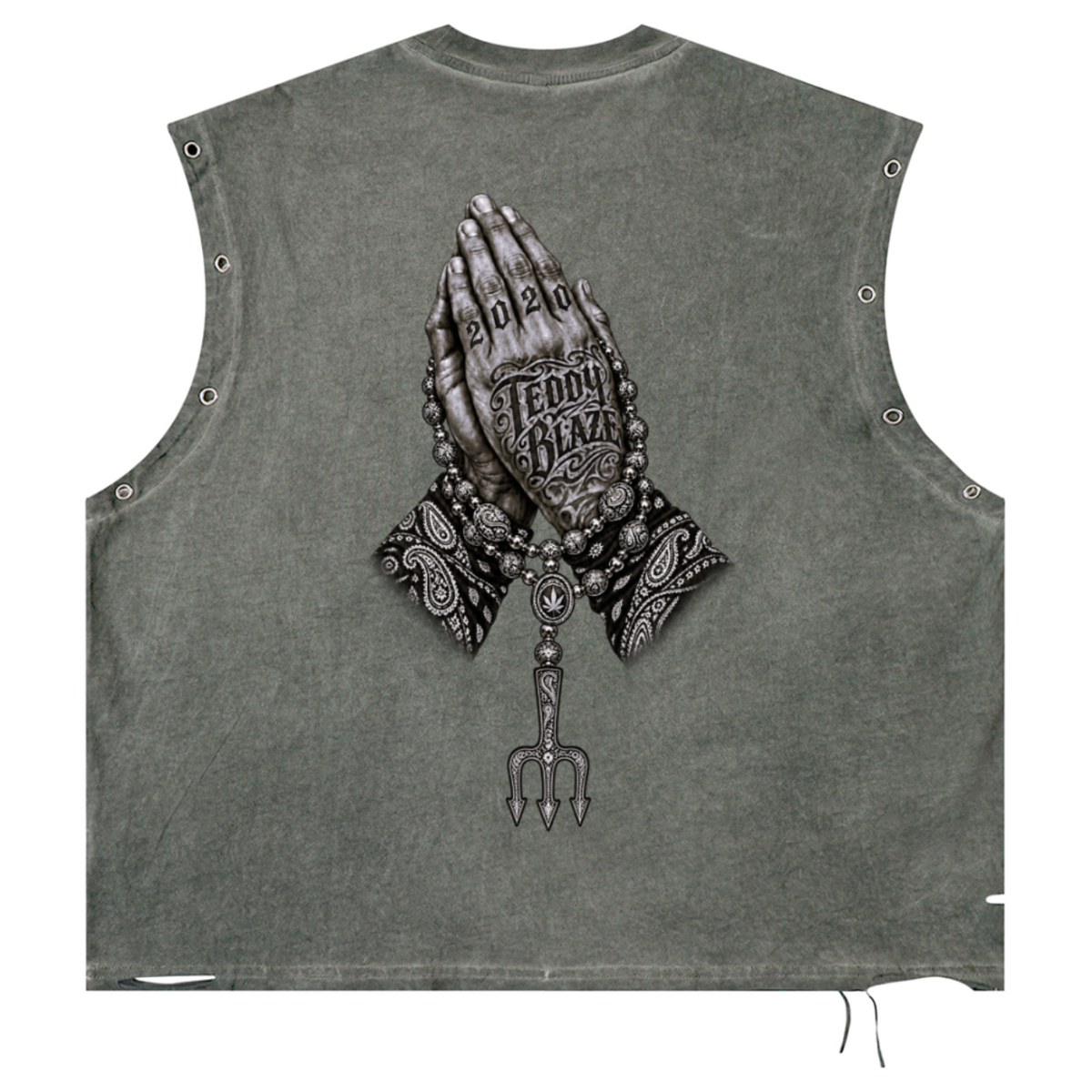 Elevate your sleeveless style with the Teddy Blaze Sin City Distressed Grommet Eyelet Cotton Tank. Wash olive cotton, metal eyelet trim, distressed details, and tattoo back print. Shop NYC to Vegas style.